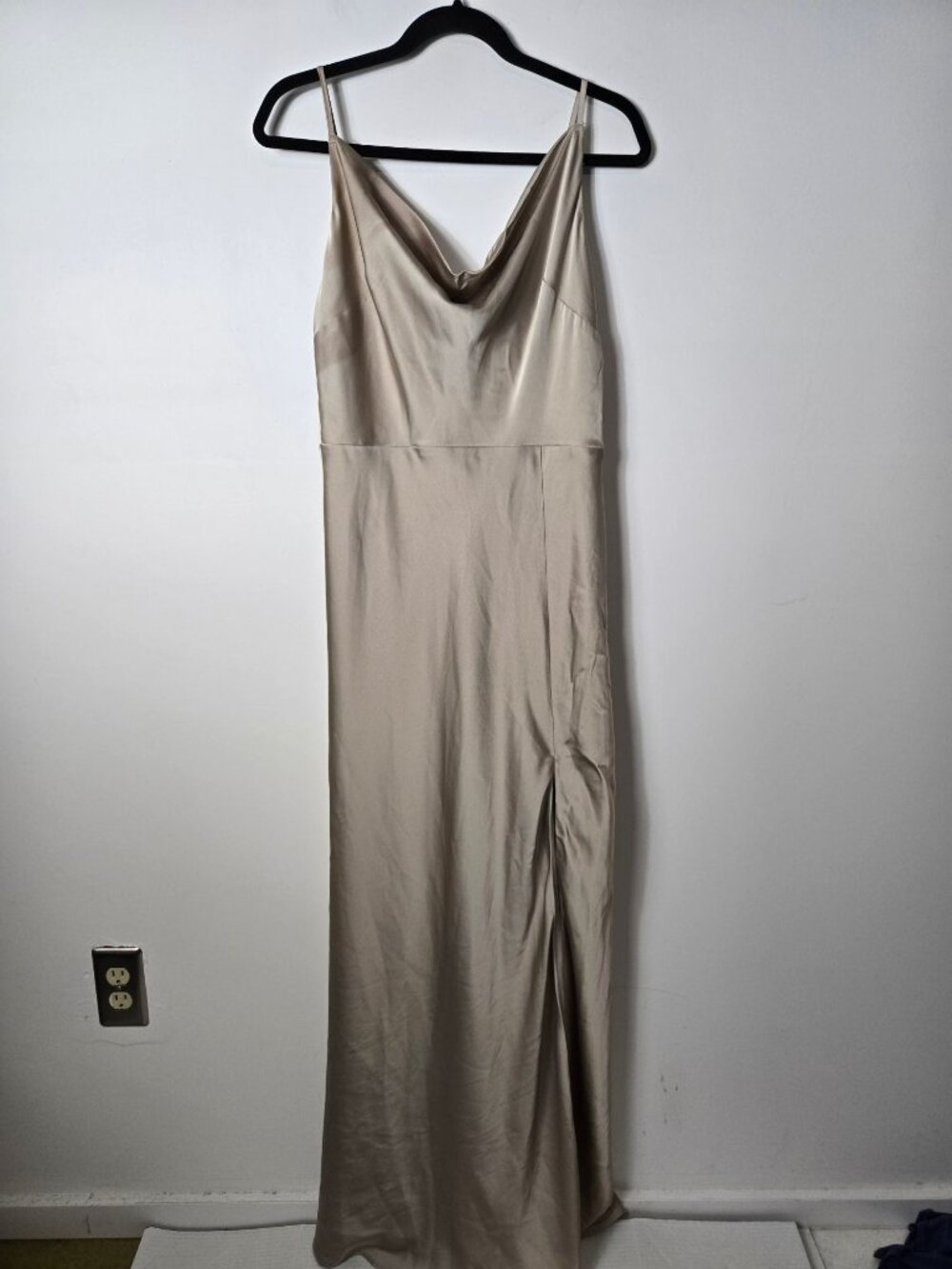 BIRDY GREY Lisa Matte Satin Sleek Drape Front Long Evening Gown Size XL Champagn